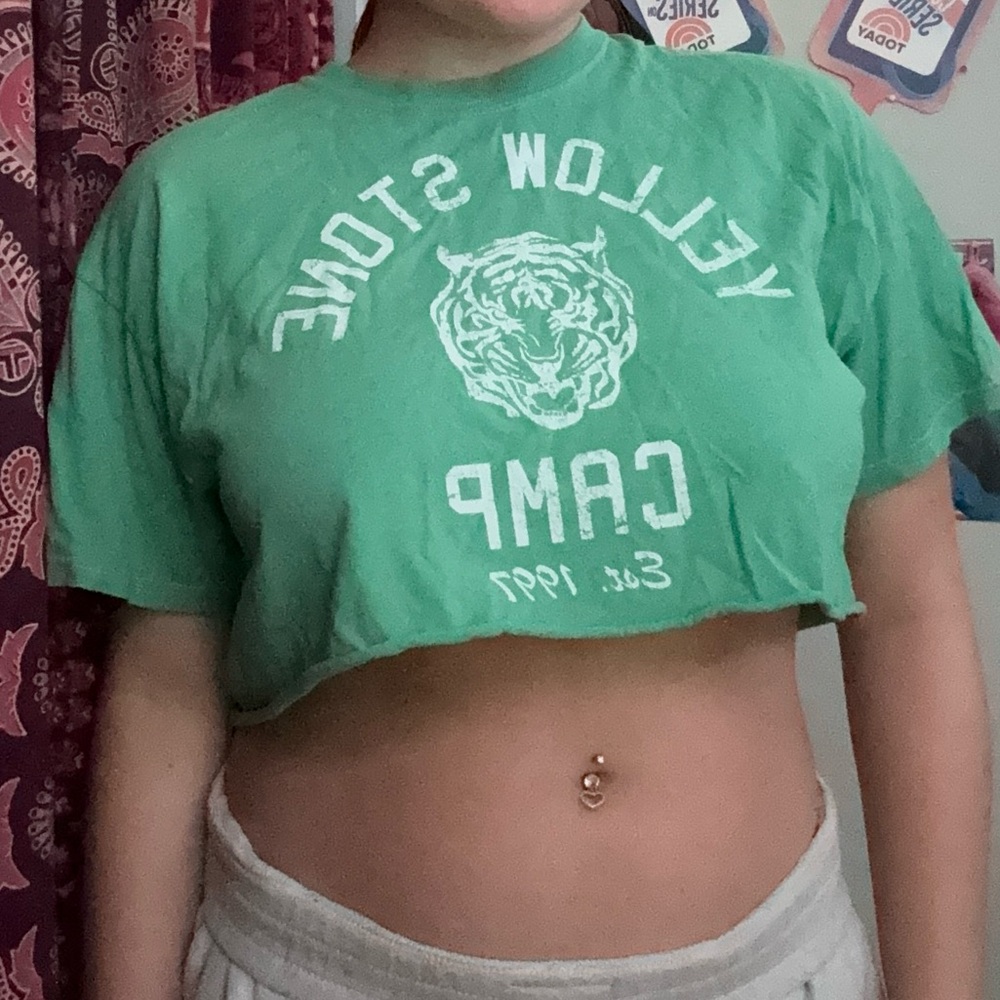 Full Tilt Green Cropped Tee with Tiger Graphic